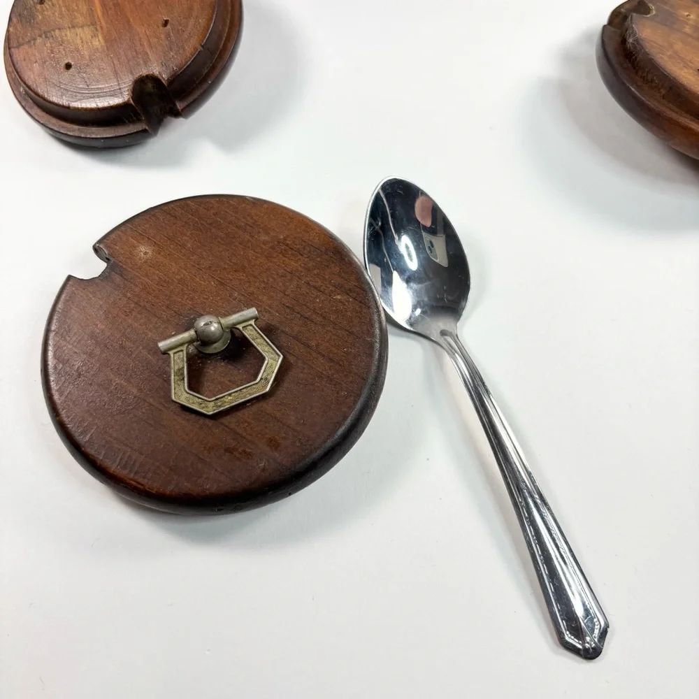 Vintage Glass Spice Jars with Wooden Lids Spoons Tray‎ Three jars